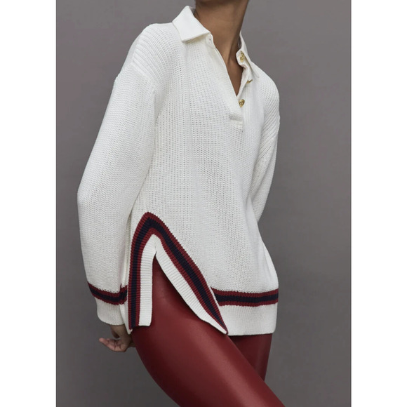 Carbon38 Sweaters - Carbon38 Mixed Media Rugby Collared Sweater Ribbed Thick Knit Ivory Size Large